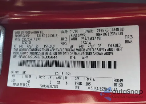 2015 Ford Escape Se из США, поврежденный, VIN 1FMCU9G95FUB35644